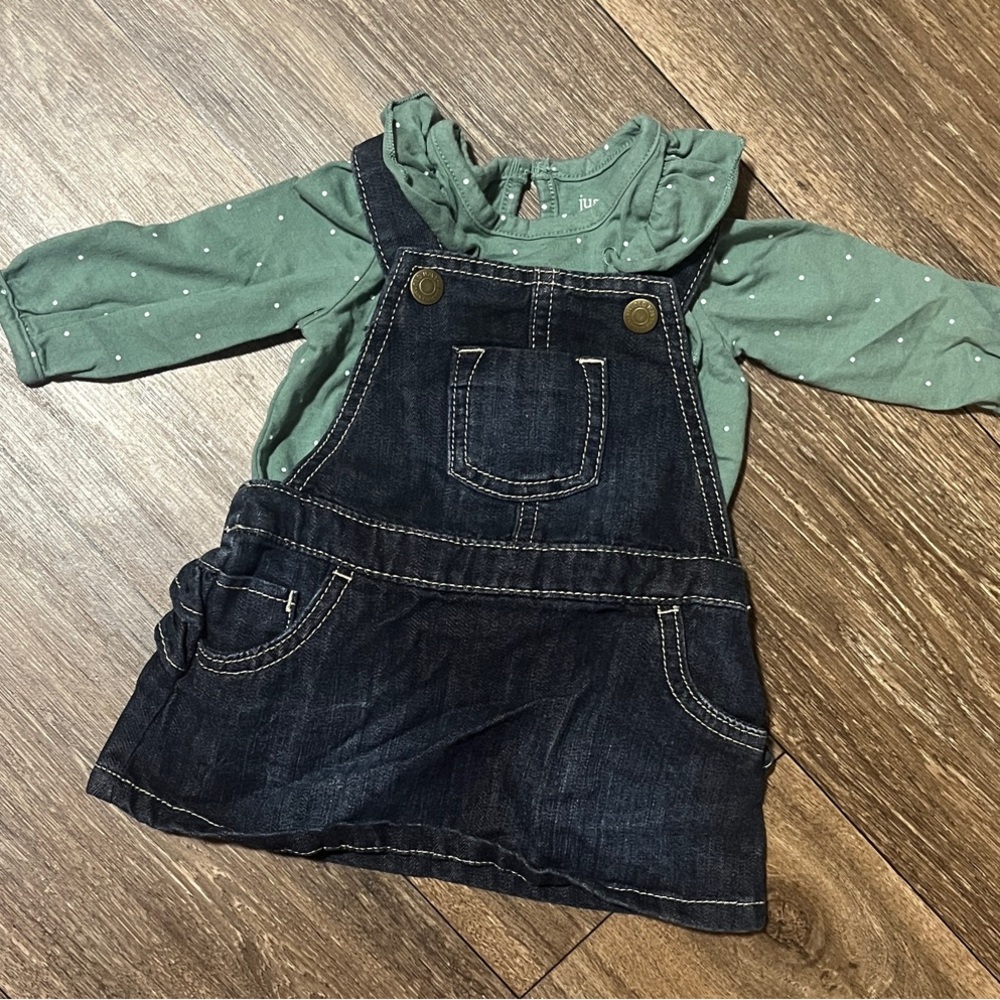Denim Overall Dress with Green Top